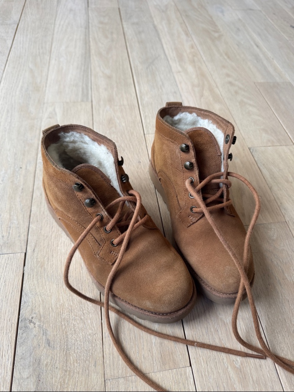UGG Chestnut Suede Lace-Up Ankle Boots with Shearling Lining